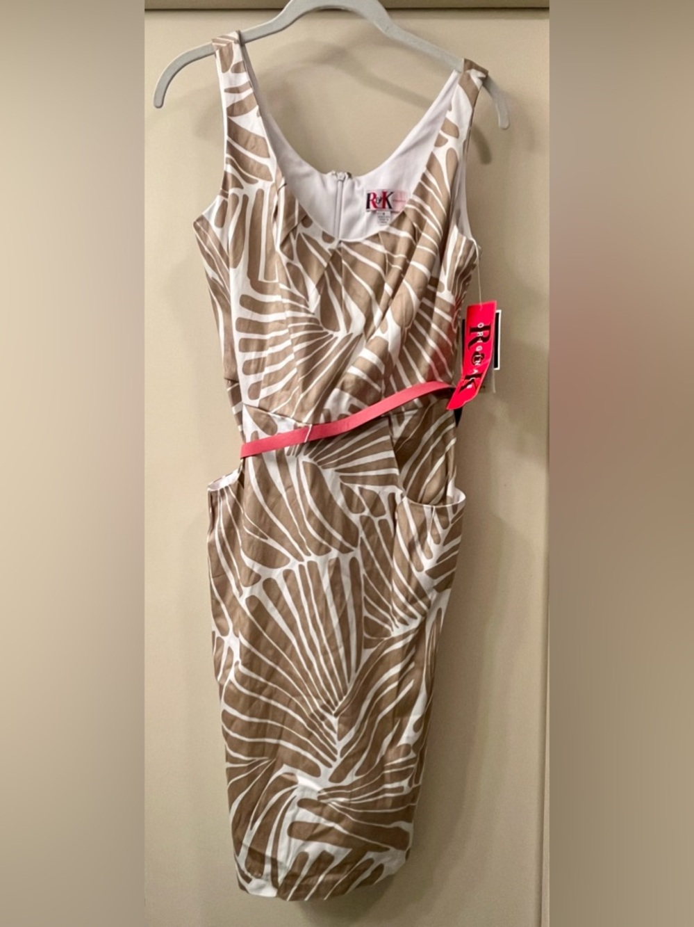 R&K Women’s Khaki & White Printed Dress with Pink Belt